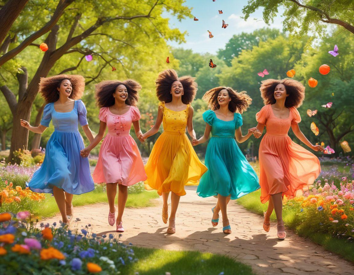 A whimsical scene depicting a group of diverse women dressed in playful, colorful outfits, engaging in joyful activities like skipping, dancing, and creating art in a sunlit park filled with blooming flowers and butterflies. The atmosphere should exude femininity and adventure, with vibrant pastel colors and magical elements like floating lanterns and shimmering sparkles in the air. The overall feel should be imaginative and uplifting, inviting the viewer into a world of playfulness and joy. vibrant colors. super-realistic.