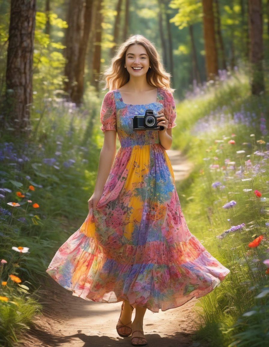 A cheerful young woman exploring a sunlit forest, surrounded by blooming wildflowers and fluttering butterflies. She’s wearing a flowing, colorful dress and carrying a vintage camera, capturing the beauty around her. In the backdrop, there’s a whimsical, hand-painted sign that reads 'Adventure Awaits'. The scene radiates positivity and whimsy. vibrant colors. painting.
