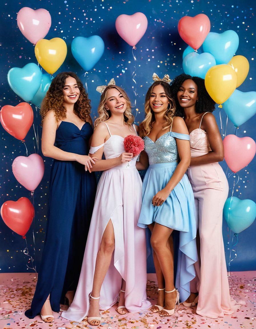 A playful and whimsical scene depicting a group of women in diverse outfits, joyfully embracing their duality of naughty and nice. They are surrounded by sparkling confetti, vibrant floral arrangements, and cheeky heart-shaped balloons. The background features a dreamy pastel sky with twinkling stars, symbolizing freedom and creativity. The overall mood should be fun and empowering, showcasing the beauty of femininity. colorful illustration. vibrant colors. whimsical style.